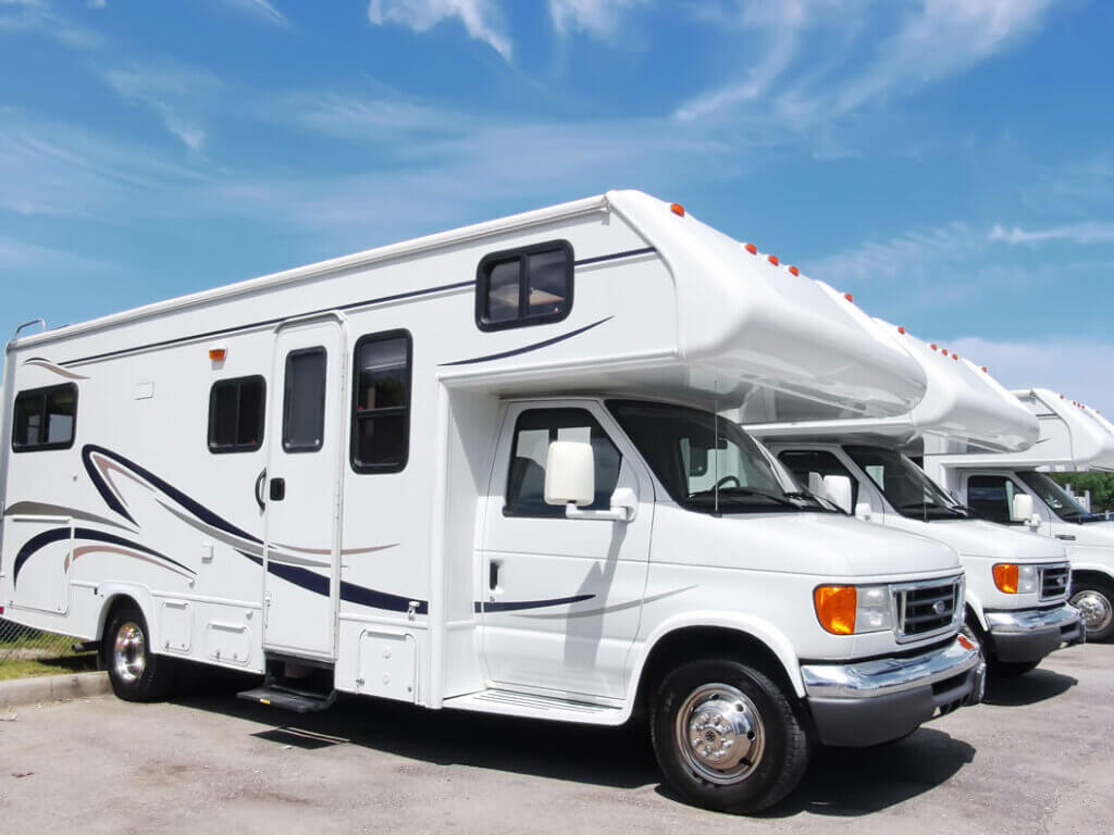 Rows of campers lined up at an RV show in Florida.