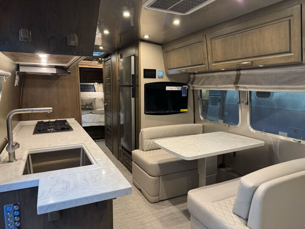 Inside the Airstream Classic travel trailer at the Florida RV SuperShow in Tampa.