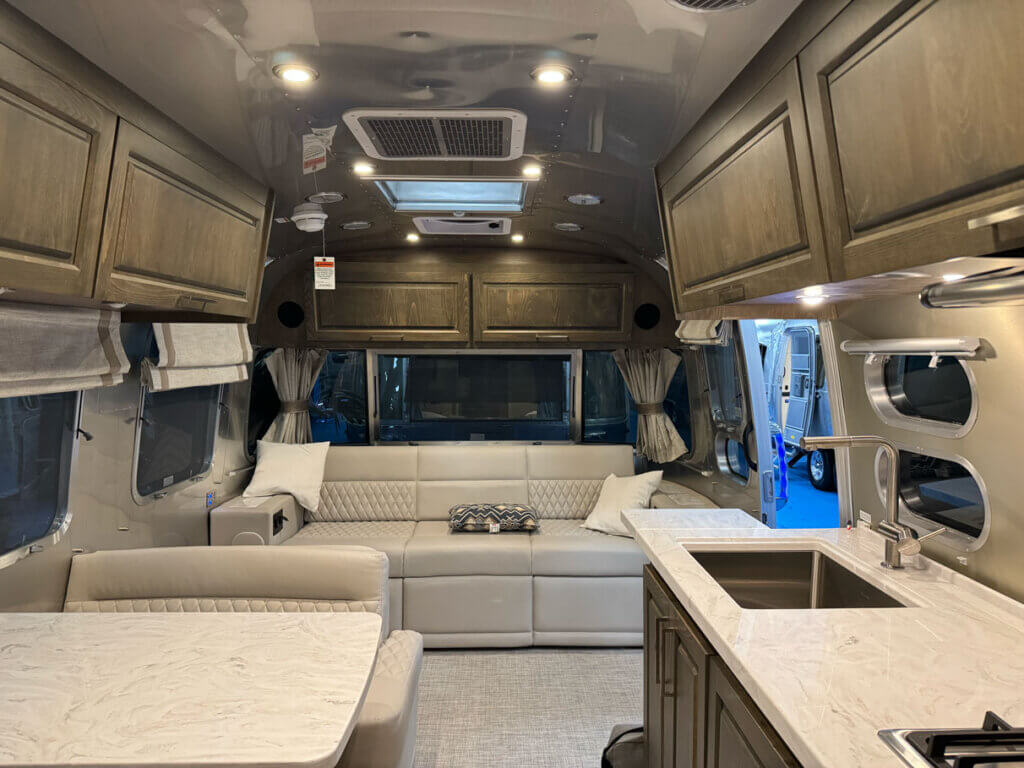Inside the Airstream Classic travel trailer at the Florida RV SuperShow in Tampa.
