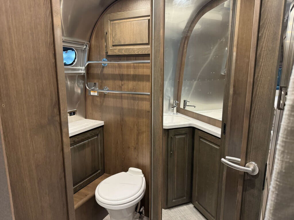 Inside the Airstream Classic travel trailer at the Florida RV SuperShow in Tampa.
