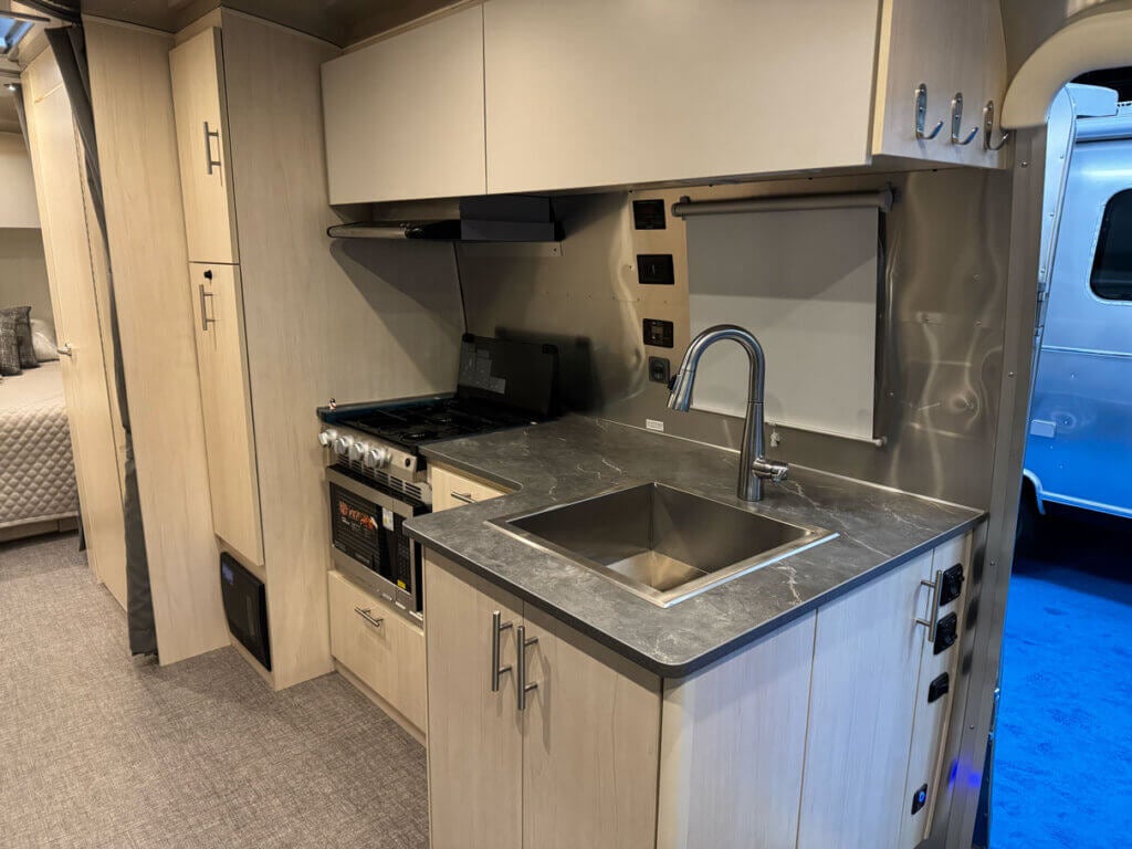 Inside the Airstream Flying Cloud at the 2026 Florida RV SuperShow in Tampa.