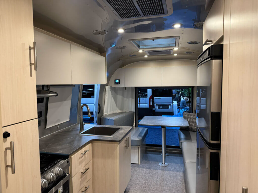 Inside the Airstream Flying Cloud at the 2026 Florida RV SuperShow in Tampa.