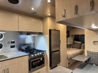Inside the Airstream Flying Cloud at the 2026 Florida RV SuperShow in Tampa.