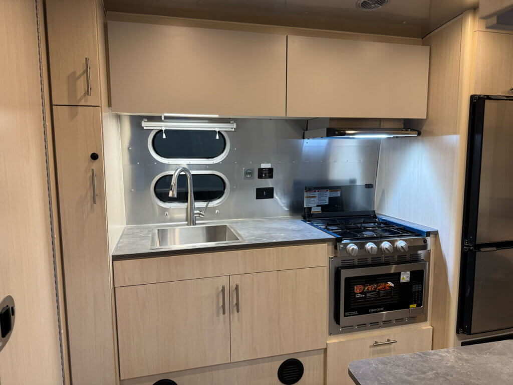 Inside the Airstream Flying Cloud at the 2026 Florida RV SuperShow in Tampa.