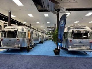 Aisle of the Airstream booth at the 2026 Florida RV SuperShow in Tampa, FL.
