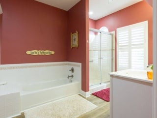 Bathroom within the vacation home guest rental in Leesburg, Florida, at Holiday RV Park.