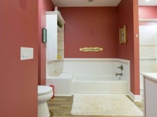 Bathroom within the vacation home guest rental in Leesburg, Florida, at Holiday RV Park.