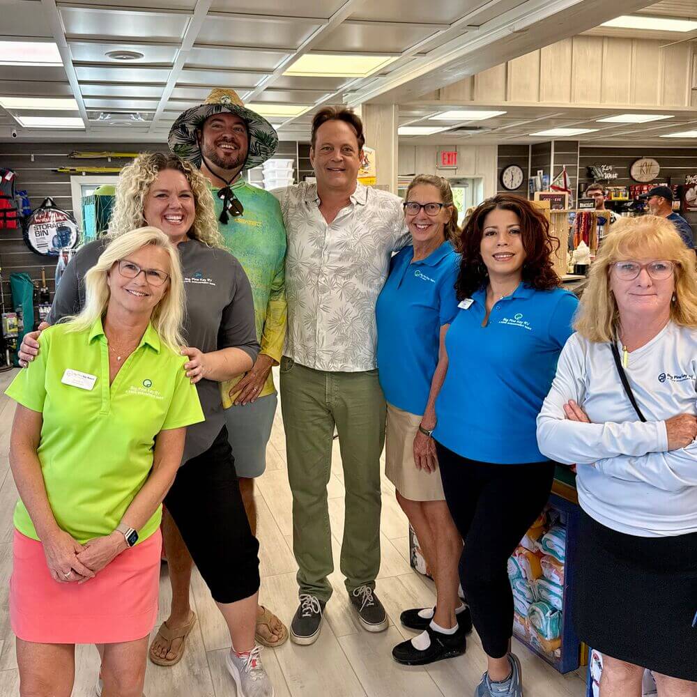 The Big Pine Key RV Park staff with Vince Vaughn during the 'Bad Monkey' production shoot at Big Pine Key RV Park in Florida.