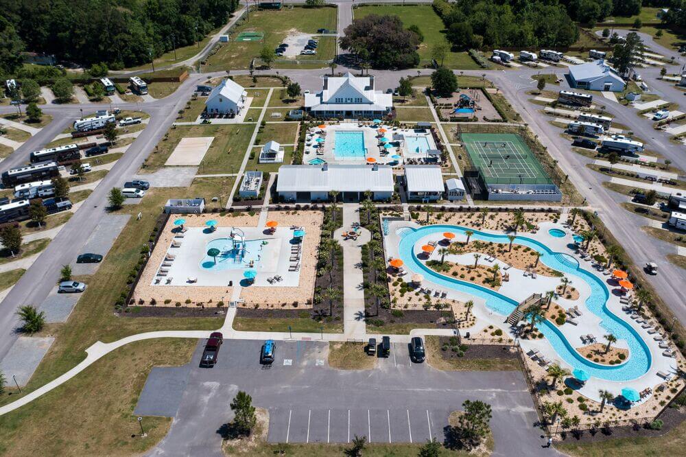 View of CreekFire RV Park and the lazy river in Savannah, Georgia.