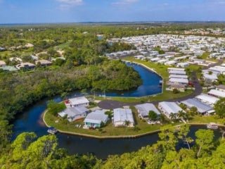Aerial view of the neighborhood in Estero Bay Village in Estero, Florida.