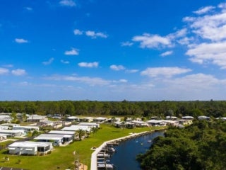 Aerial view of the neighborhood in Estero Bay Village in Estero, Florida.