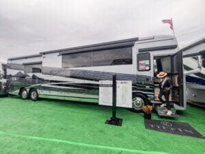 Lady coming down the steps of the Bob Tiffin Limited Edition Allegro Bus 45 BTP.