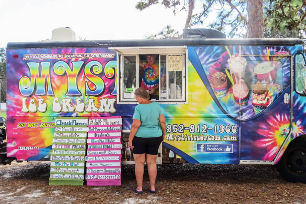 Mystic Ice Cream Truck at 55+ Holiday RV Park in Leesburg, Fl for Hippie Fest.
