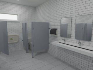 Renderings of the Blueway clubhouse construction project showing a view of the bathroom