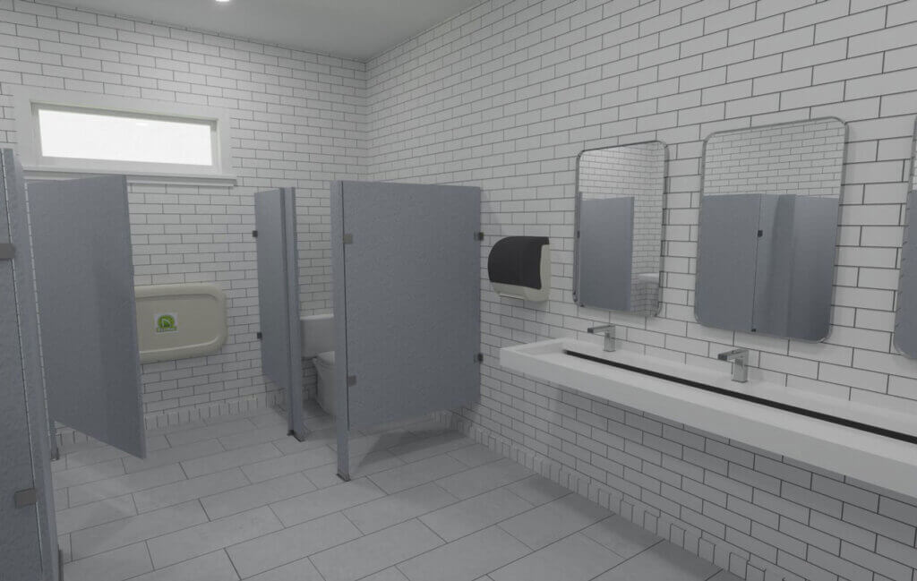 Renderings of the Blueway clubhouse construction project showing a view of the bathroom