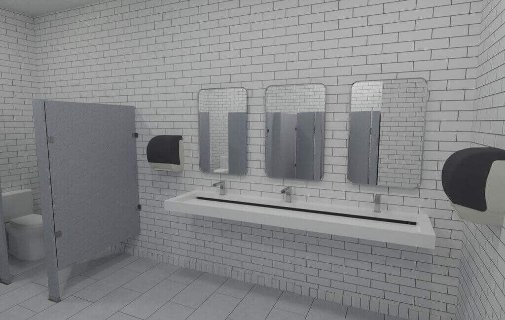 Renderings of the Blueway clubhouse construction project showing a view of the bathroom