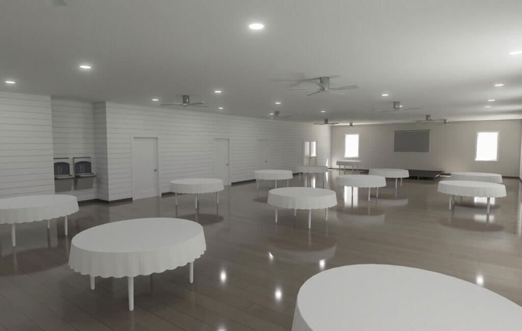 Renderings of the Blueway clubhouse construction project showing the main meeting space.