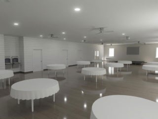 Renderings of the Blueway clubhouse construction project showing the main meeting space.