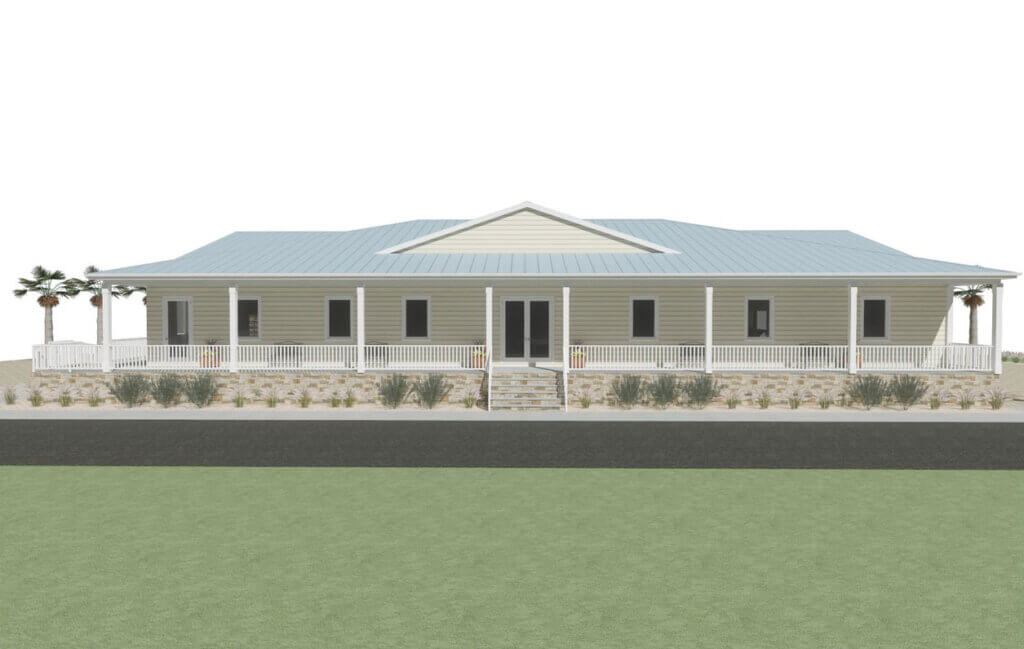 Renderings of the Blueway clubhouse construction project showing the exterior of the building.