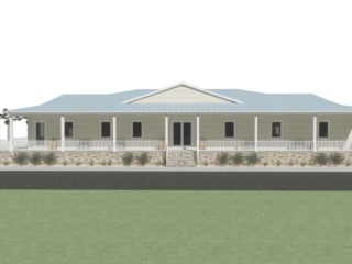 Renderings of the Blueway clubhouse construction project showing the exterior of the building.