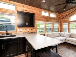 A kitchen inside of a lake cabin at Point Sebago Resort in Casco, Maine.