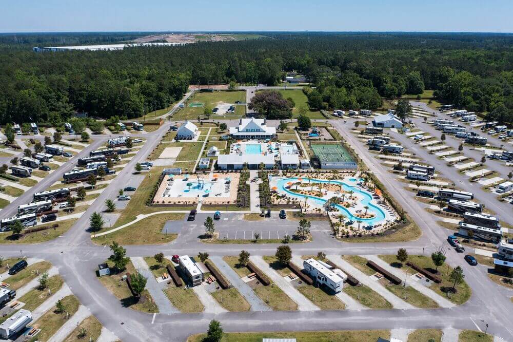 Drone view of the layout of CreekFire RV Resort in Savannah, Geogia.