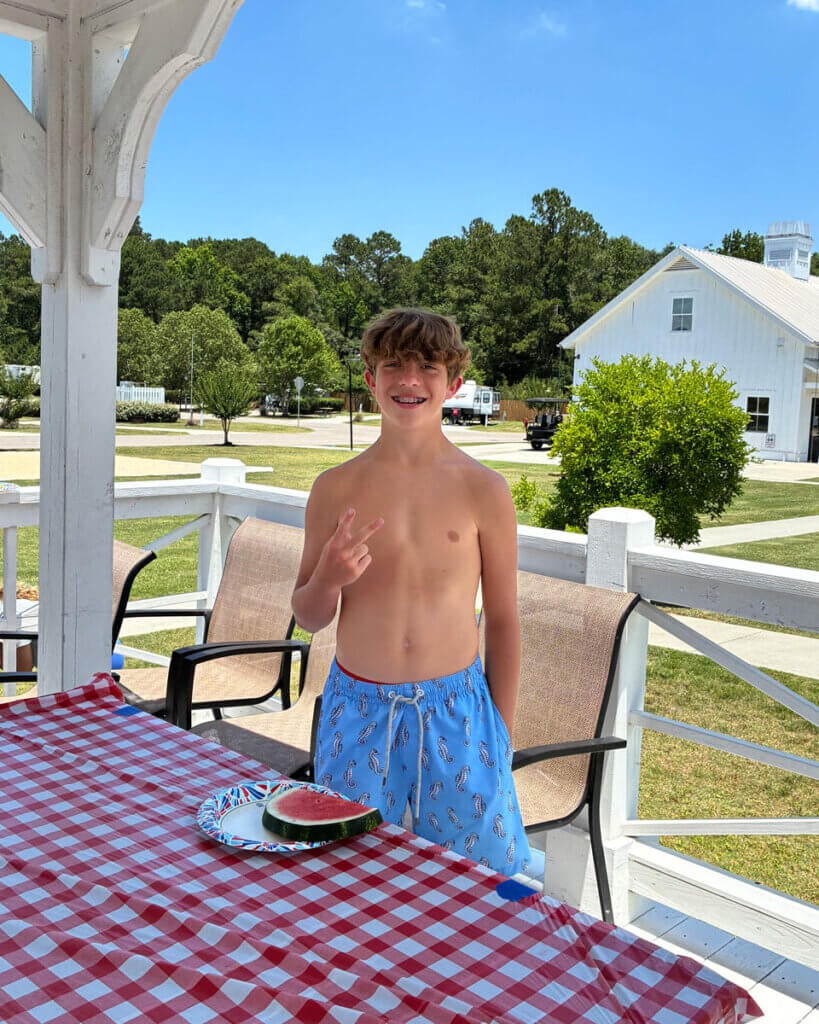 Guests at Creekfire RV Resort in Savannah, Georgia participating in a watermelon eating contest