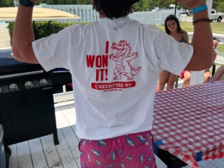 Guests at Creekfire RV Resort in Savannah, Georgia participating in a watermelon eating contest