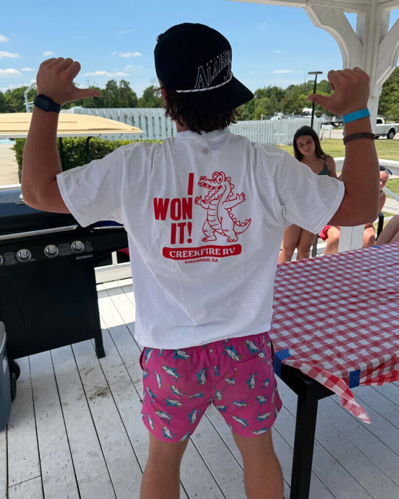 Guests at Creekfire RV Resort in Savannah, Georgia participating in a watermelon eating contest
