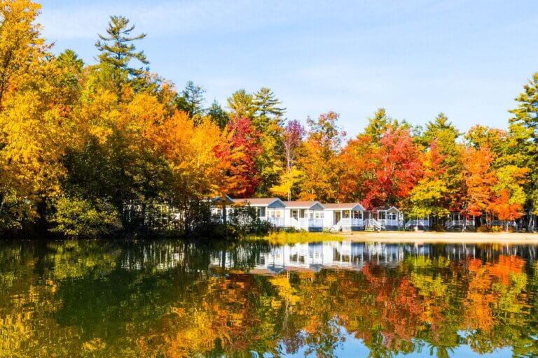 The fall leaves changing colors around the Point Sebago cabins in Maine.