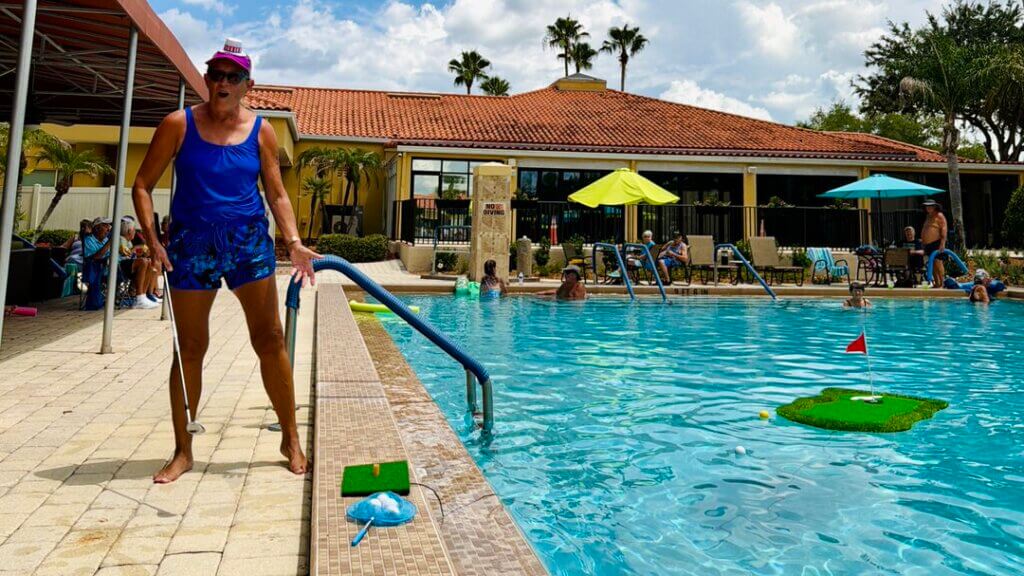 Residents celebrating the July 4th holiday weekend at Cypress Lakes Village swimming pool in Lakeland, Florida.
