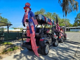 Decorated golf cart for the 4th of July parade at Holiday RV Park in Leesburg, Florida.