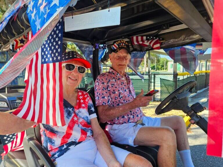 Decorated golf cart for the 4th of July parade at Holiday RV Park in Leesburg, Florida.