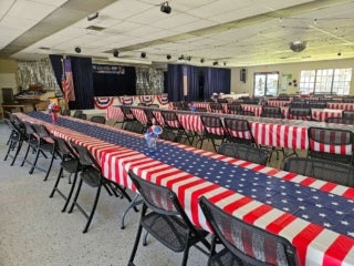 Patriotic decorations in the Activity Center for 4th of July celebrations at Holiday RV Park in Leesburg, Florida.