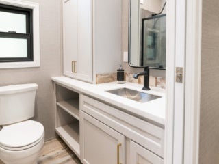 lake-sebago-cabins-birch-circle-12 Birch Circle model cabin bathroom at Point Sebago Resort on Lake Sebago in Maine.