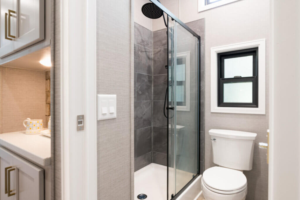 Birch Circle model cabin bathroom at Point Sebago Resort on Lake Sebago in Maine.