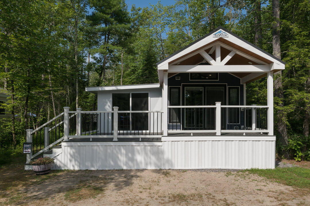 Birch Circle model cabin exterior at Point Sebago Resort on Lake Sebago in Maine.