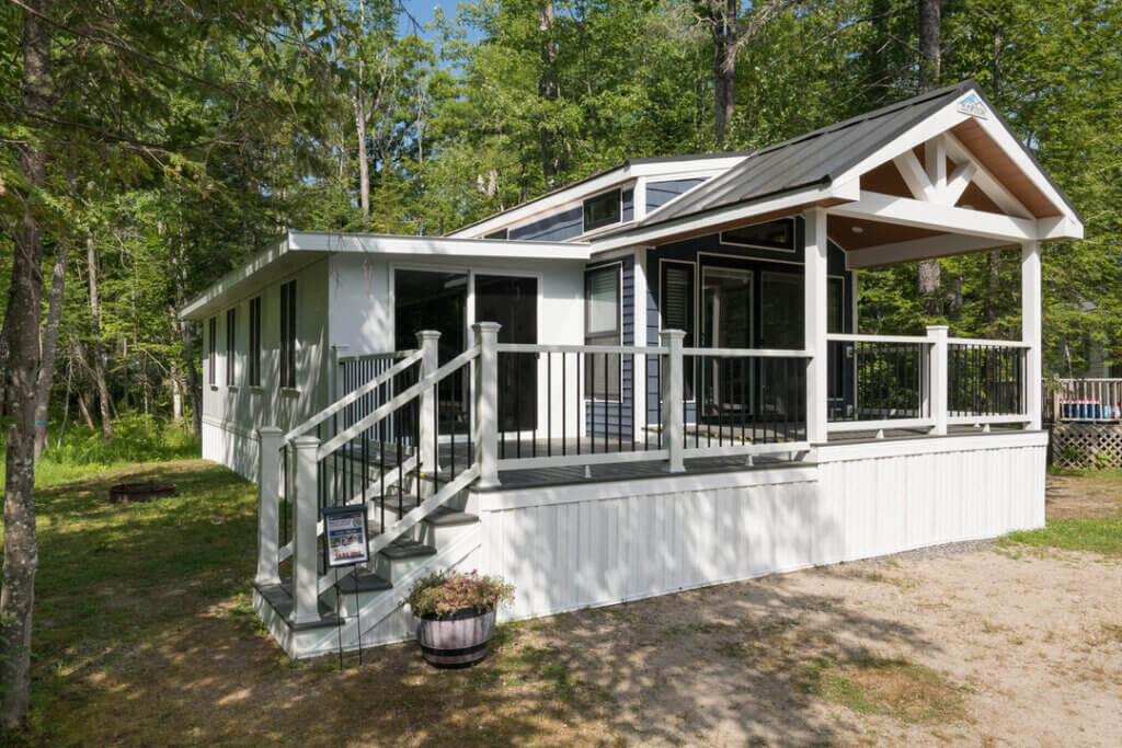 Birch Circle model cabin exterior at Point Sebago Resort on Lake Sebago in Maine.
