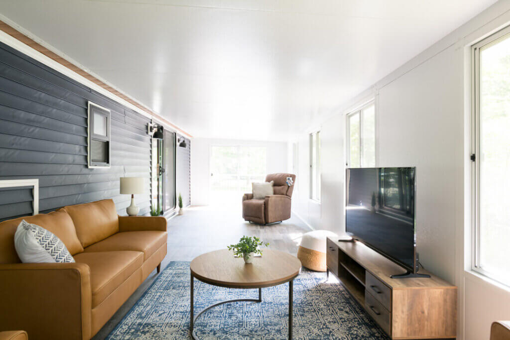 Birch Circle model cabin sunroom at Point Sebago Resort on Lake Sebago in Maine.