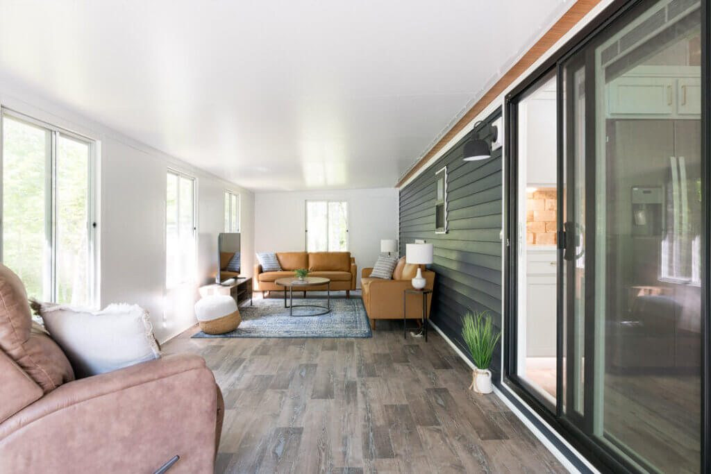 Birch Circle model cabin sunroom at Point Sebago Resort on Lake Sebago in Maine.