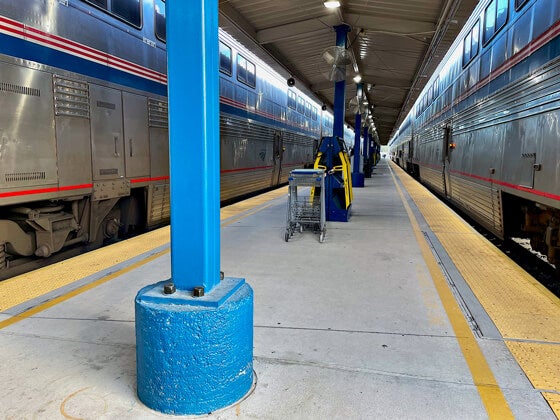 The Northbound Amtrak Auto Train—separated into two sections—awaits passenger boarding following a two-hour departure delay.