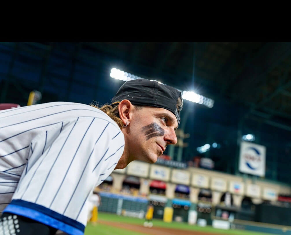 Baseball player at a stadium during a Texas Tailgaters Banana Ball game.