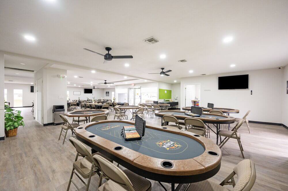 Poker tables set up in the card room in the west clubhouse at Rolling Greens Village.