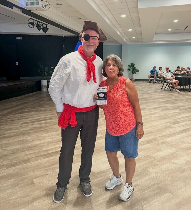 Community Manager Dave Uran dressed up as a pirate for the monthly Q&A session hosted for residents at Rolling Greens Village in Ocala, Florida.