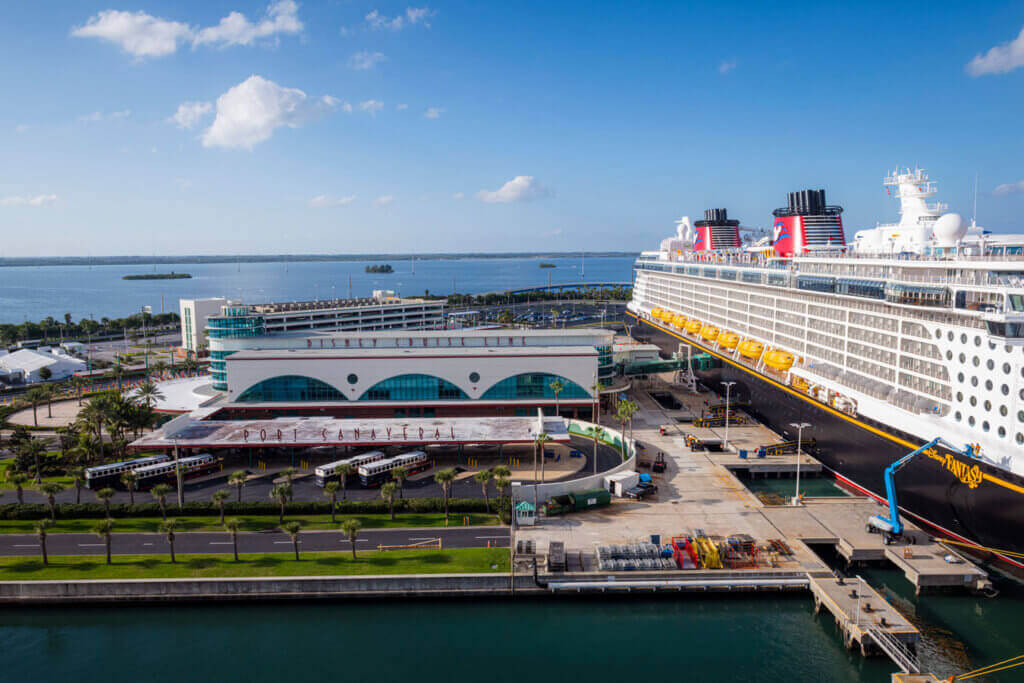 Disney Fantasy Cruise stationed at the Cape Canaveral Port in Cape Canaveral, Florida