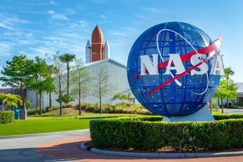 Nasa logo at the Kennedy Space Center entrance in Merrit island, Cape Canaveral, Florida