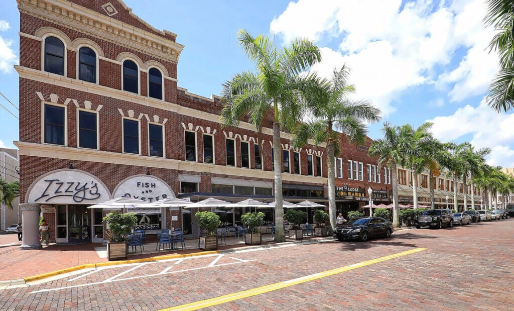 Fort Myers, Florida, USA July 15, 2022: Downtown River District, restaurants and shopping, River District is a popular tourist destination.