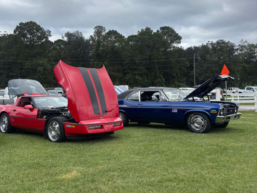 classic-car-show-creek-fire Two classic cars with the hoods up at the October 2026 CreekFire Car Show in Savannah, Georgia.