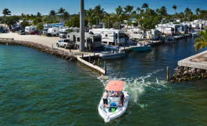 Boat leaves the canal for a fishing trip at Big Pine Key Fishing Lodge