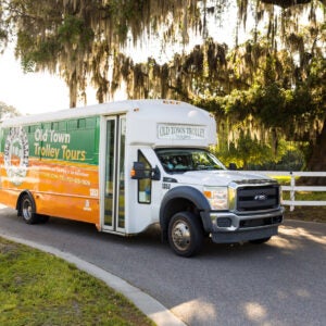 Savannah Trolley Tours shuttle picks up CreekFire Resort guests.